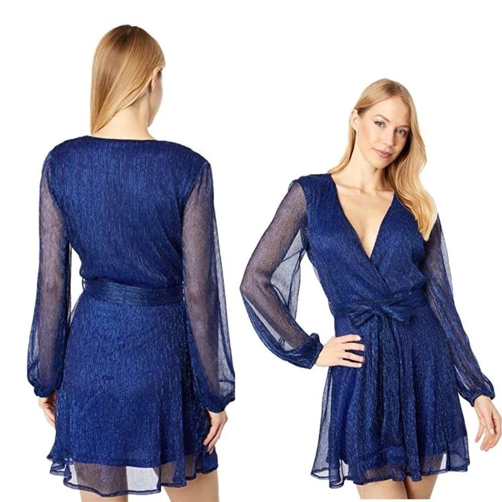 Bardot Mini Dress Cocktail Metallic Navy XL US 10 Long Sleeve - Picture 4 of 15
